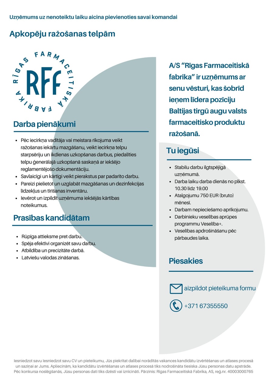 AS Rīgas Farmaceitiskā fabrika Apkopēja/-s