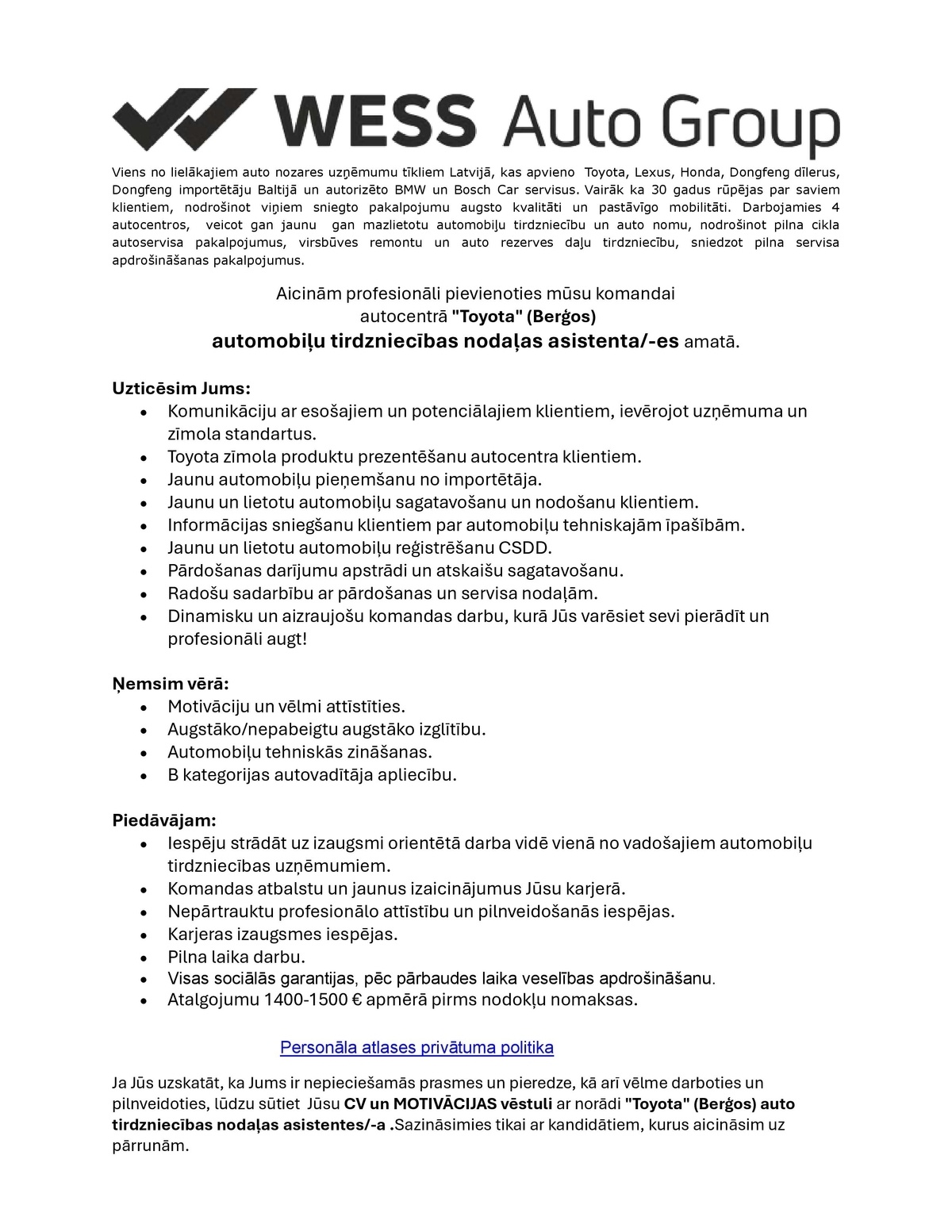 WESS, AS Automobiļu tirdzniecības nodaļas asistents/-e (Berģi)