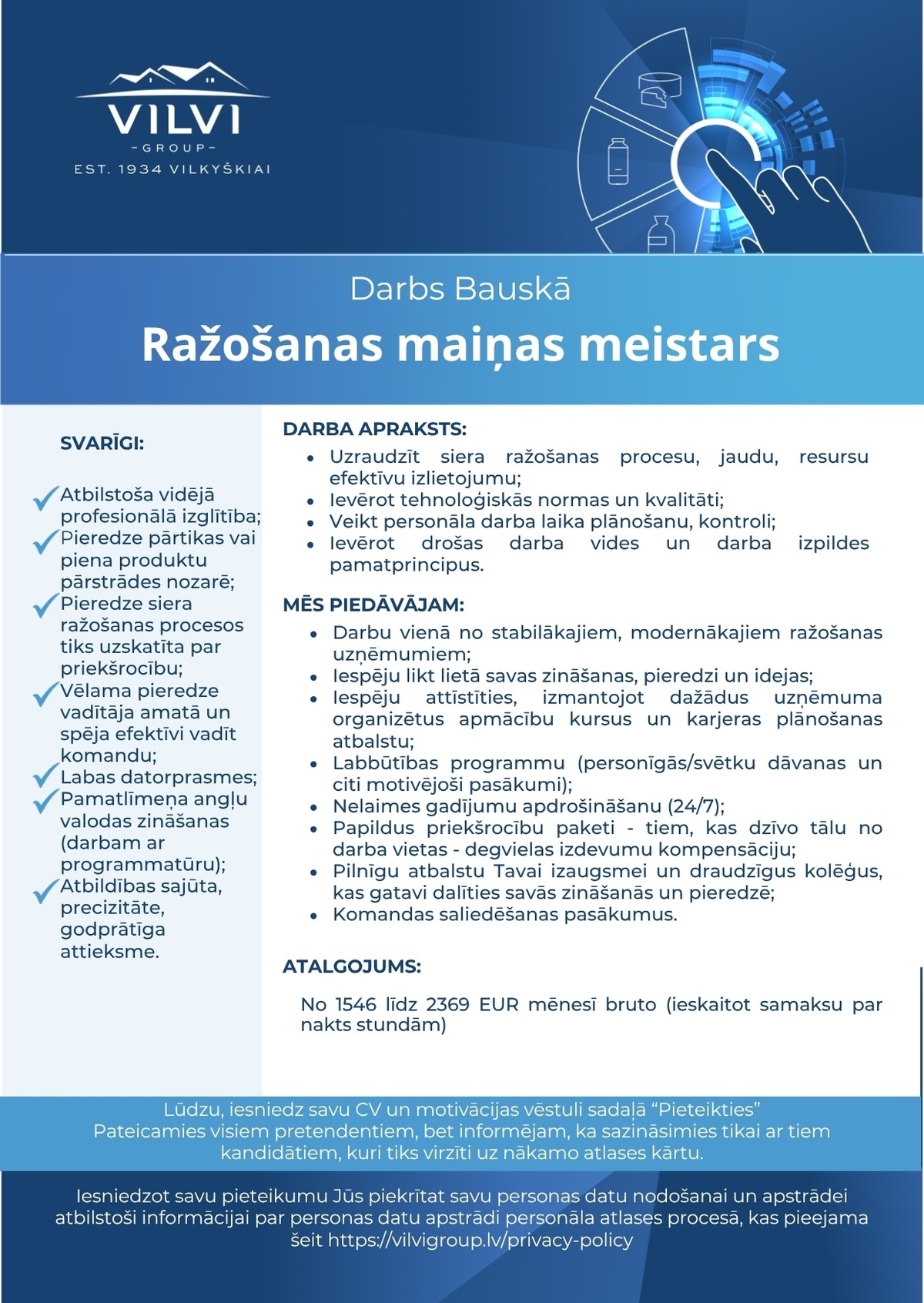 Baltic Dairy Board, SIA Ražošanas maiņas meistars/-e