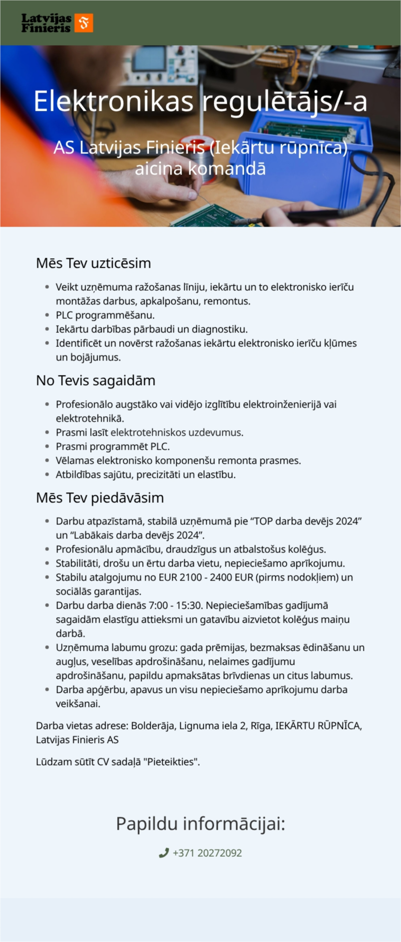 AS "Latvijas Finieris" Elektronikas regulētājs/-a