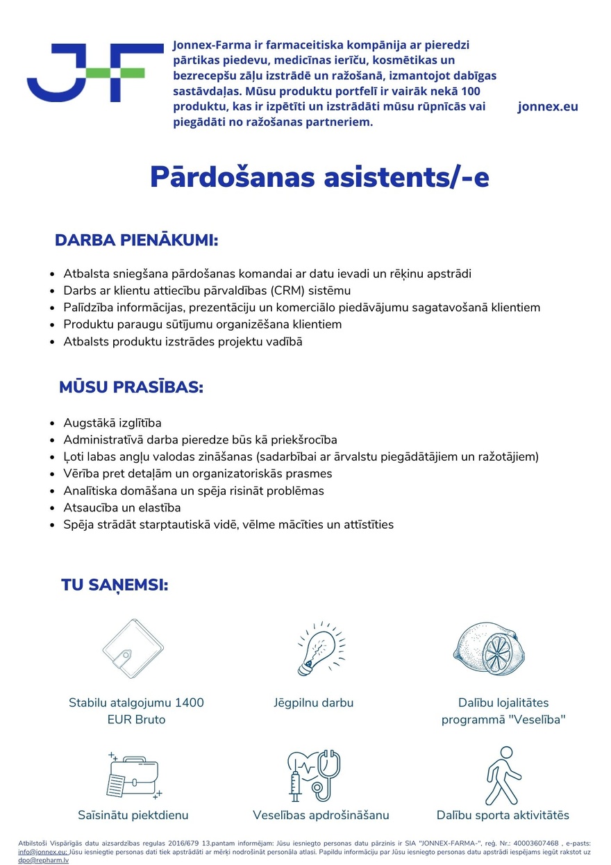 SIA JONNEX-FARMA Pārdošanas asistents/-e