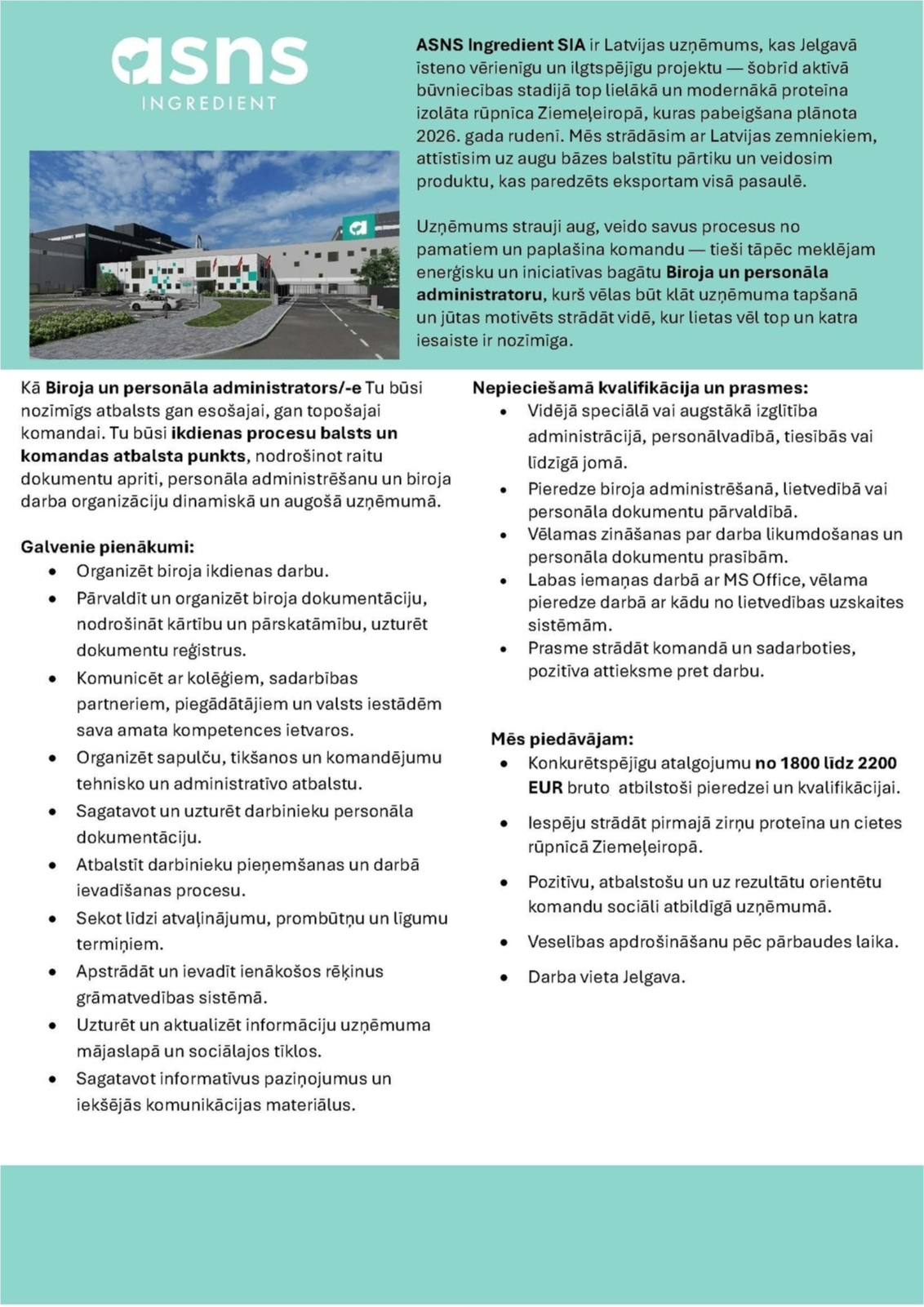 ASNS Ingredient SIA Biroja un personāla administrators/-e