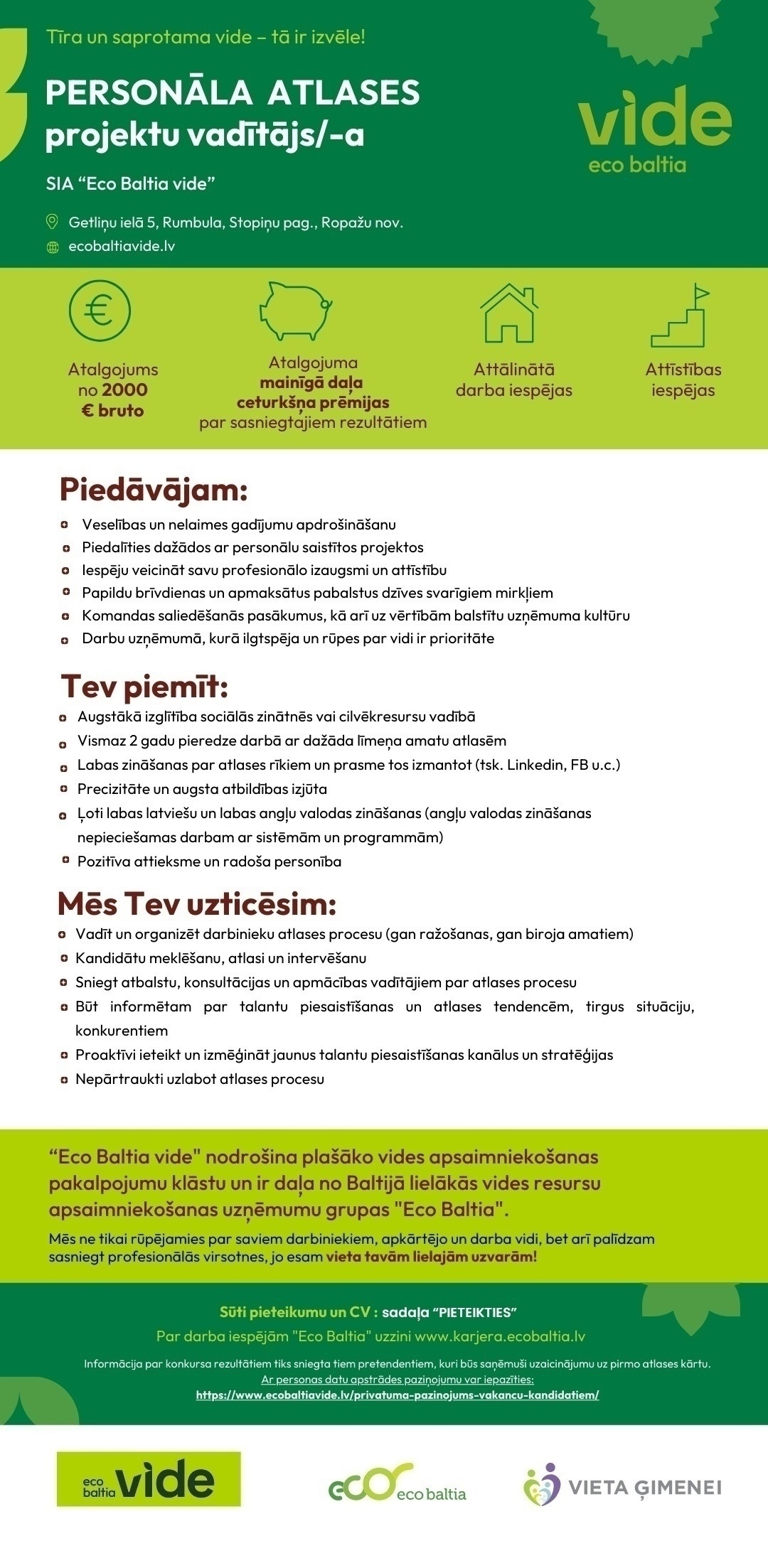 Eco Baltia vide, SIA Personāla atlases projektu vadītājs/-a