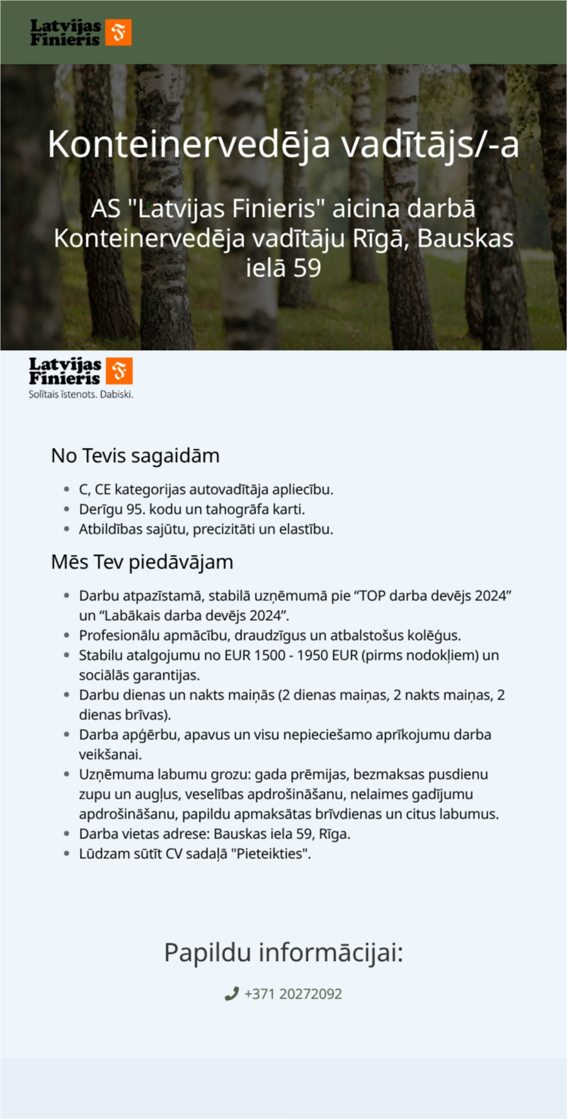 AS "Latvijas Finieris" Konteinervedēja vadītājs/-a