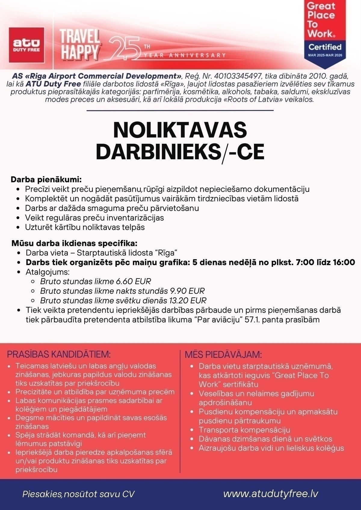 Riga Airport Commercial Development, AS Noliktavas darbinieks/-ce