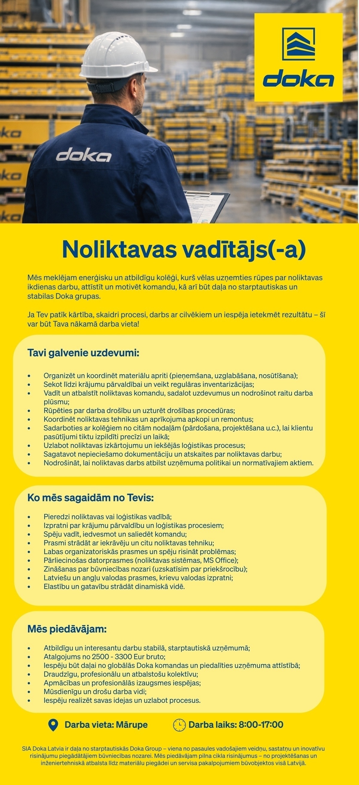 DOKA Latvia, SIA Noliktavas vadītājs/-a