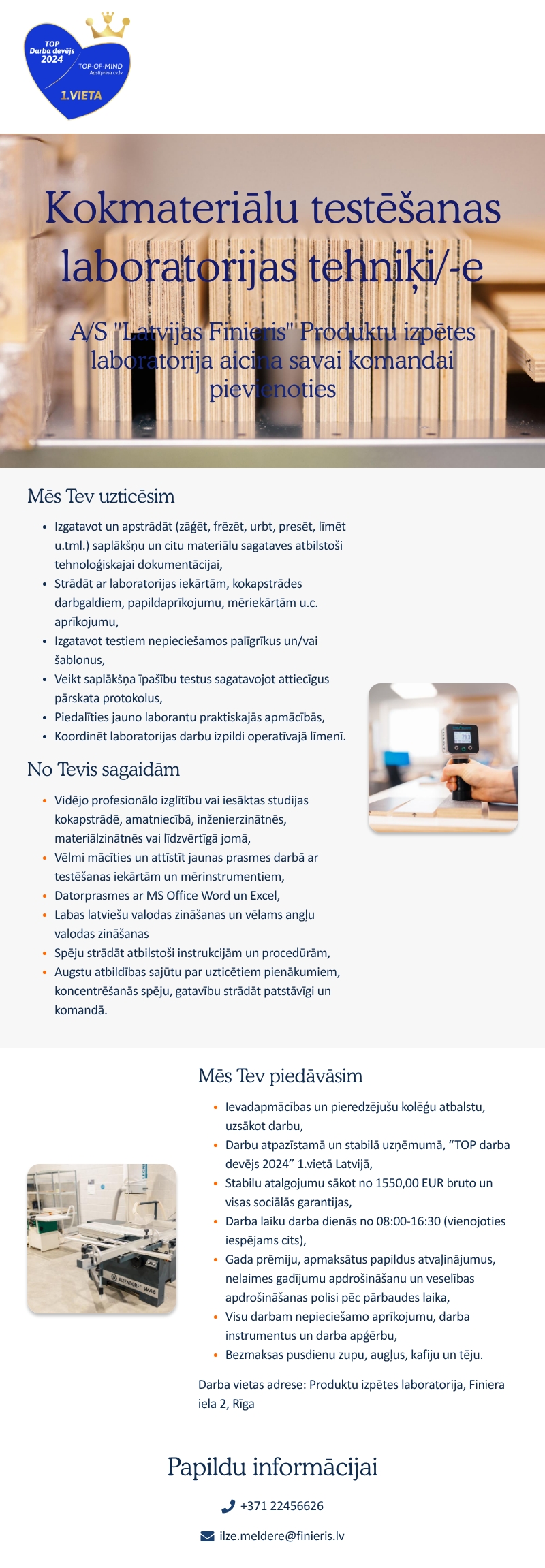 AS "Latvijas Finieris" Kokmateriālu testēšanas laboratorijas tehniķis