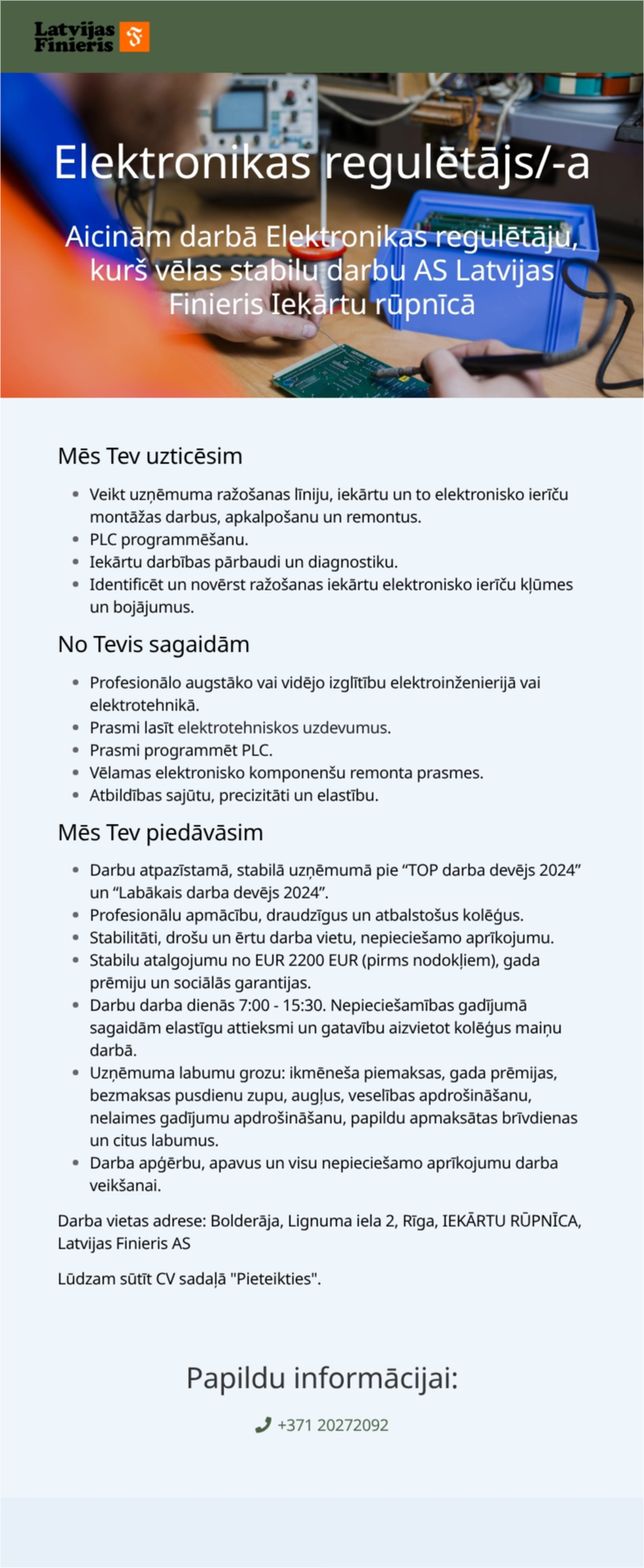 AS "Latvijas Finieris" Elektronikas regulētājs/-a