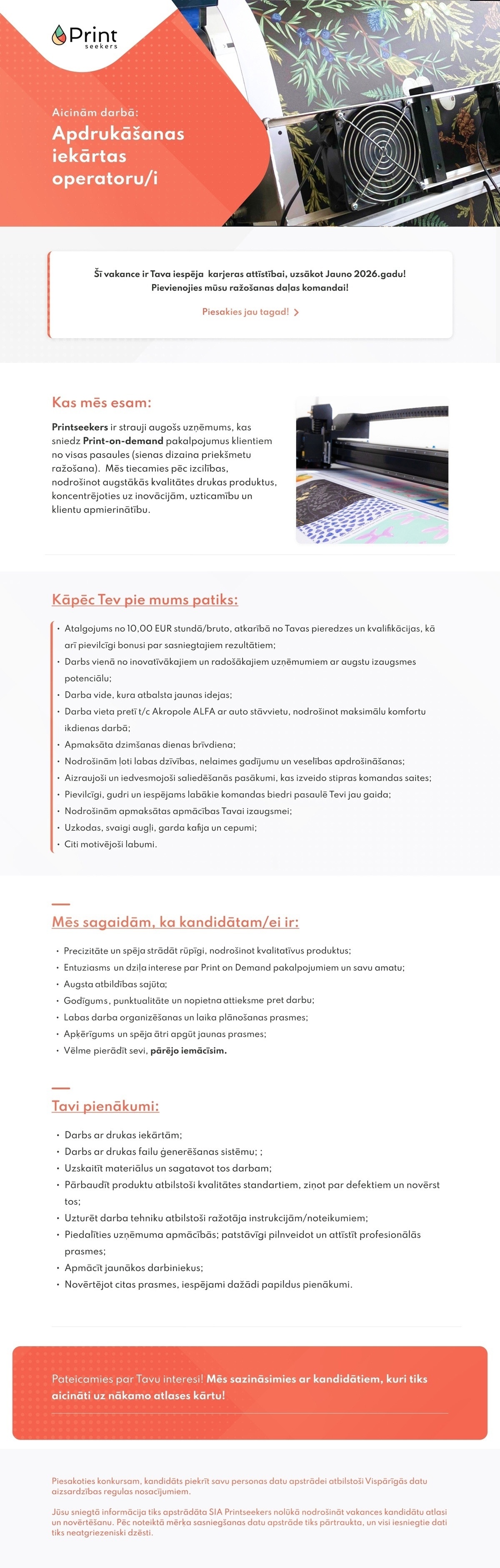 Printseekers, SIA Apdrukāšanas iekārtas operators/-e