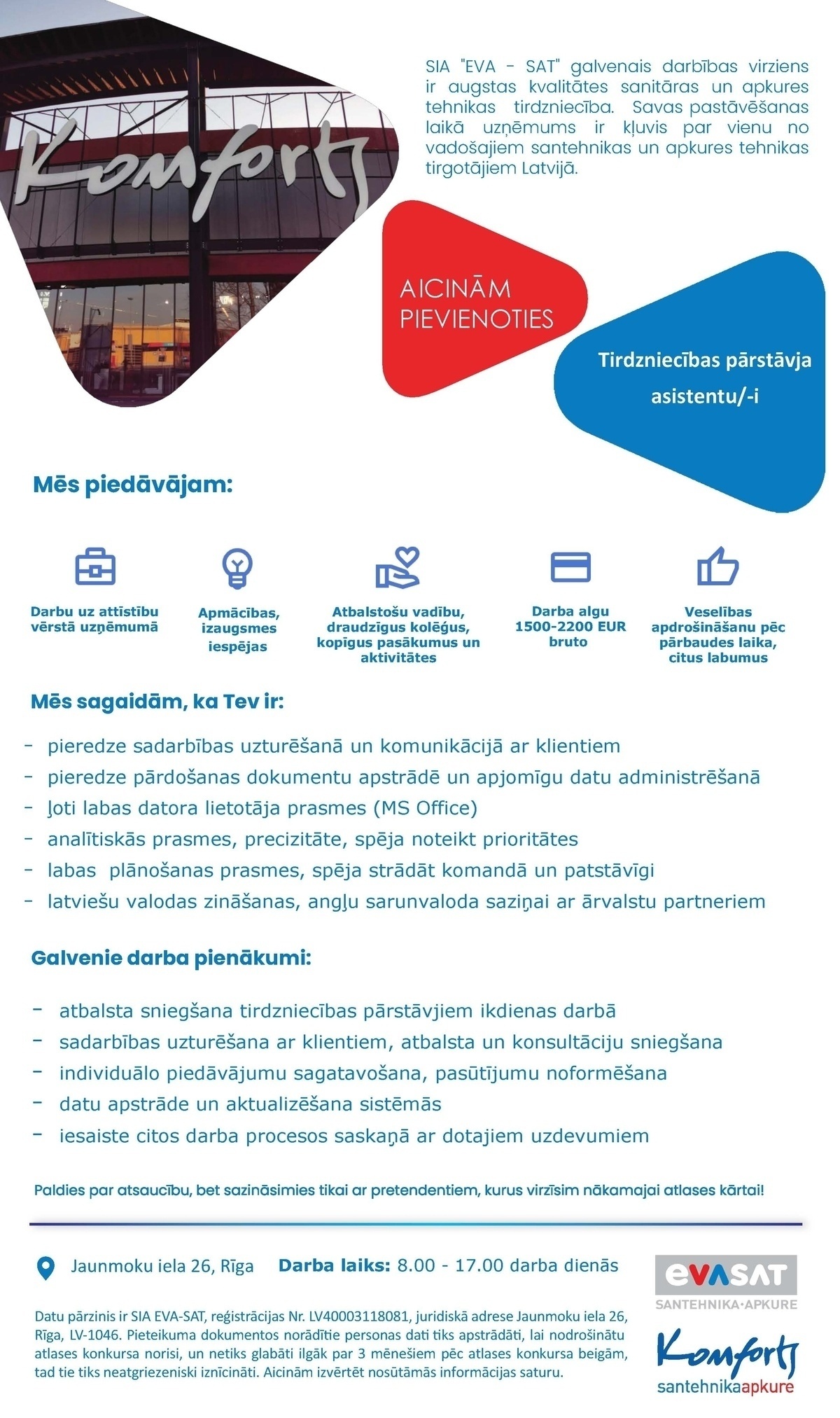 EVA-SAT, SIA Tirdzniecības pārstāvja asistents/-e