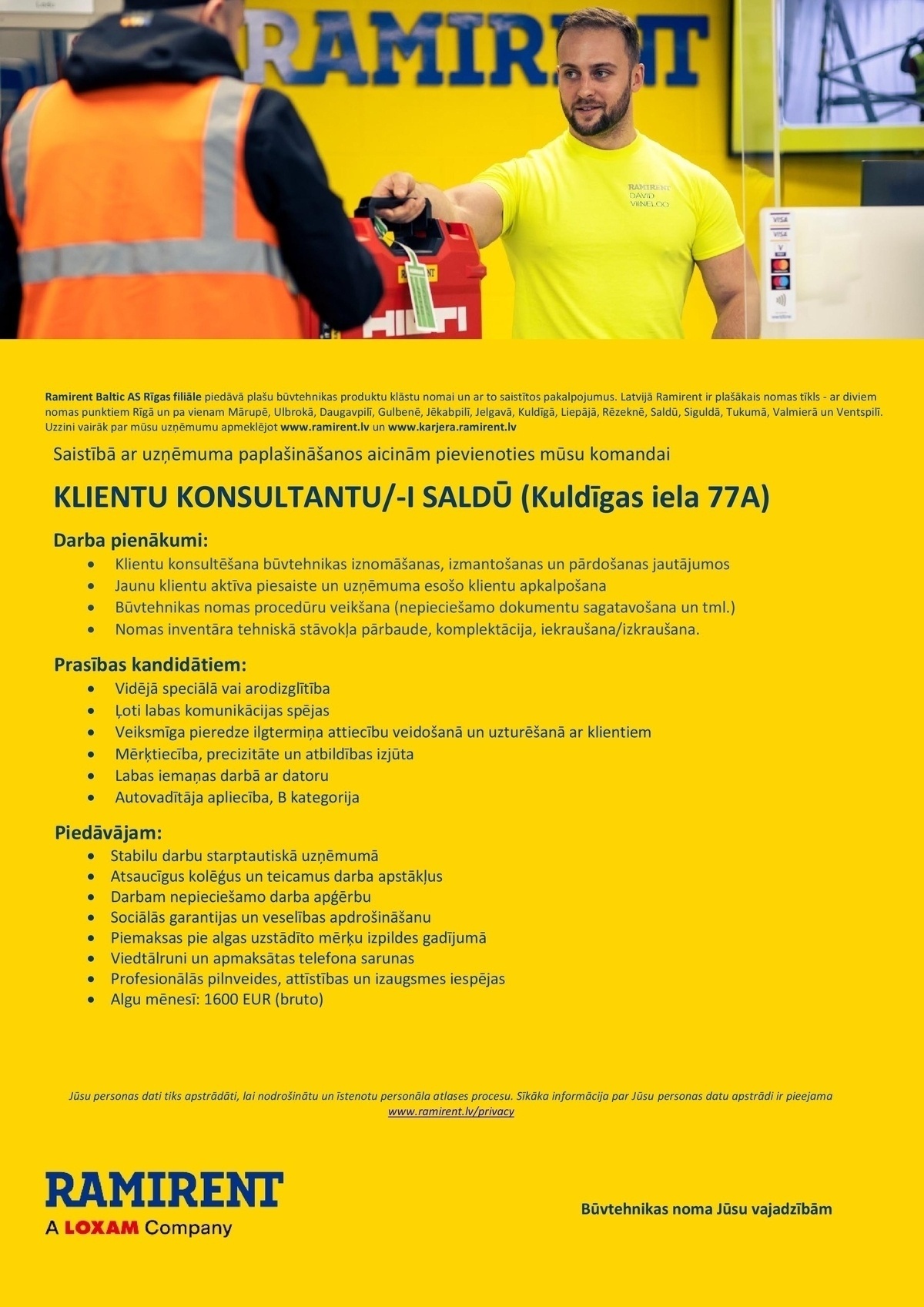 Ramirent Baltic AS Rīgas filiāle Klientu konsultants/-e Saldū