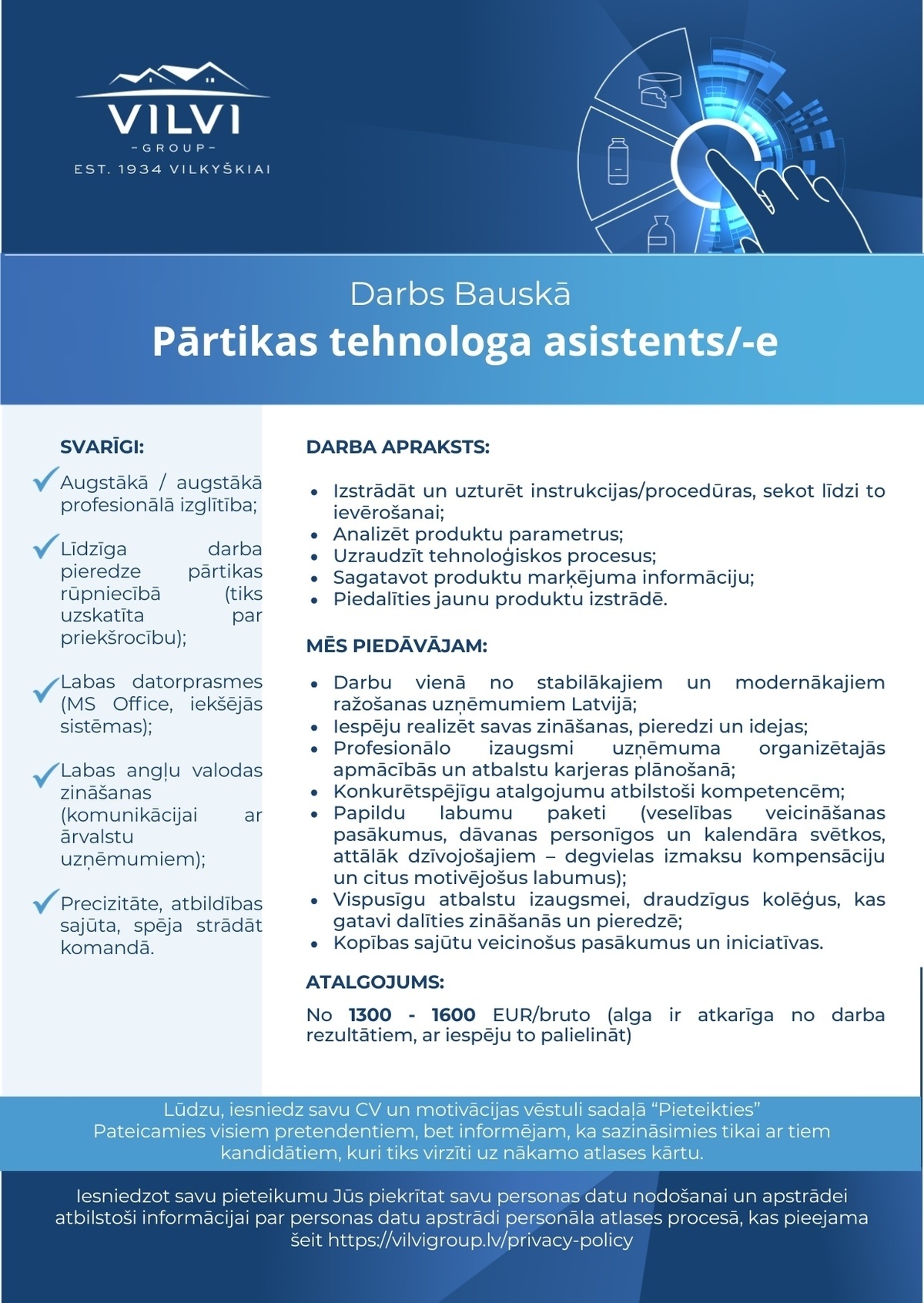 Baltic Dairy Board, SIA Pārtikas un dzērienu tehnologa asistents/-e