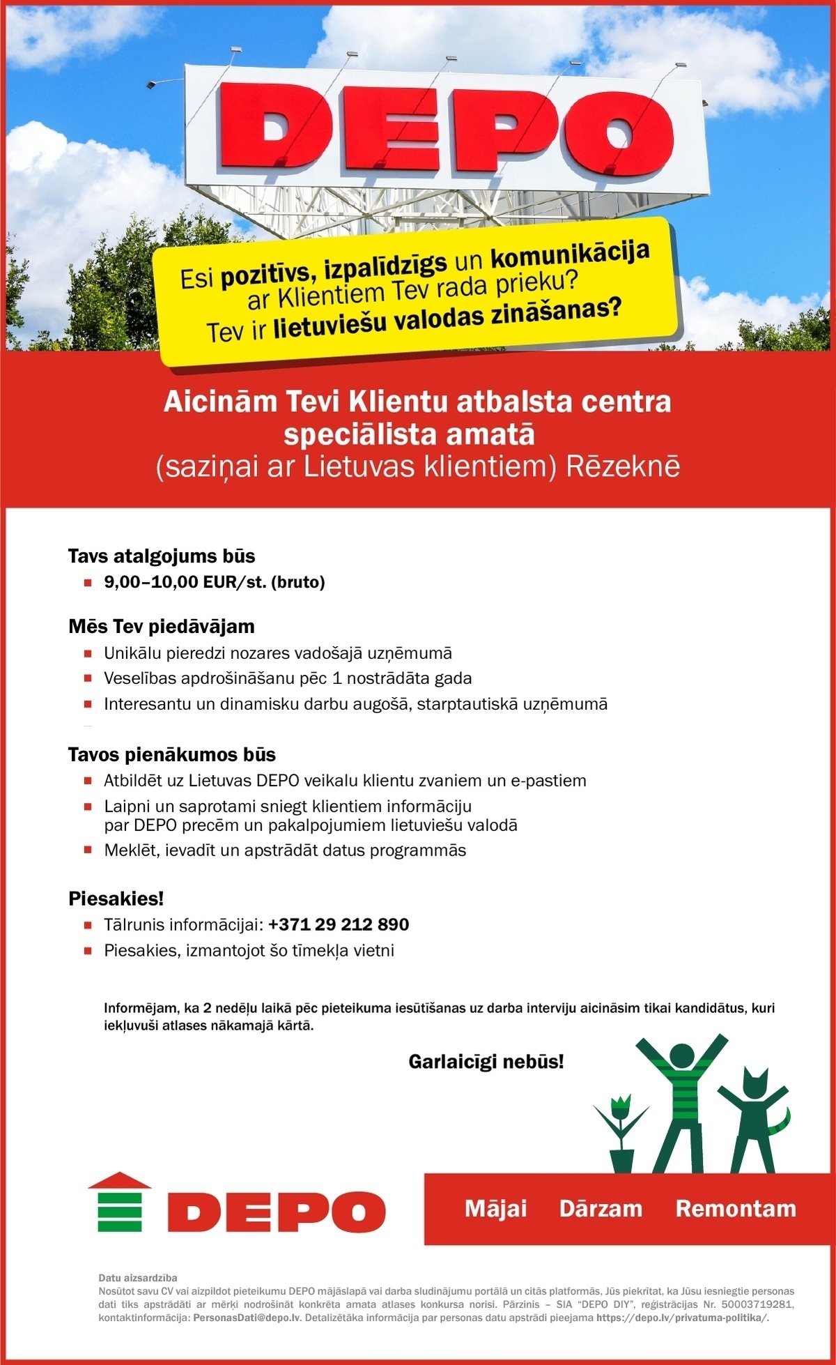 DEPO DIY, SIA Klientu atbalsta centra speciālists/-e (saziņai ar Lietuvas klientiem) Rēzeknē