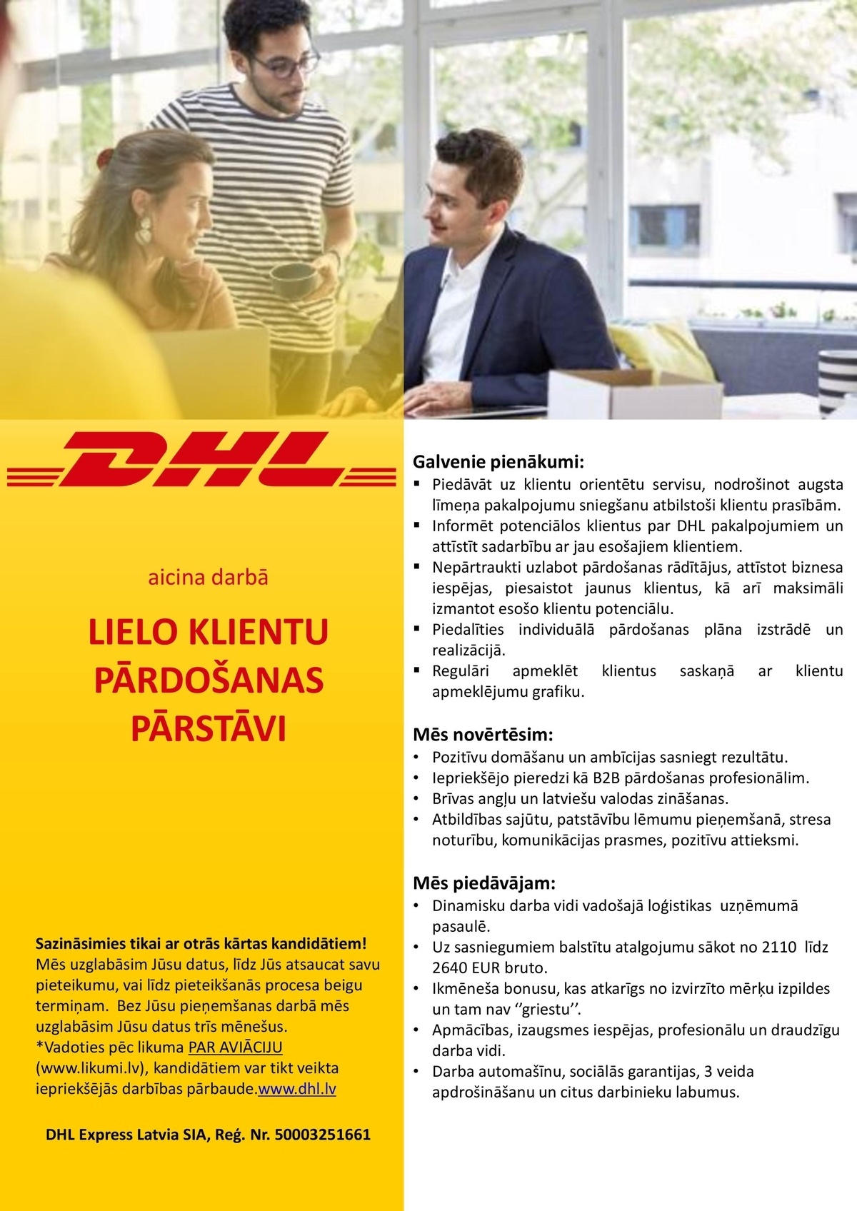 DHL Express Latvia, SIA Lielo klientu pārdošanas pārstāvis/-e