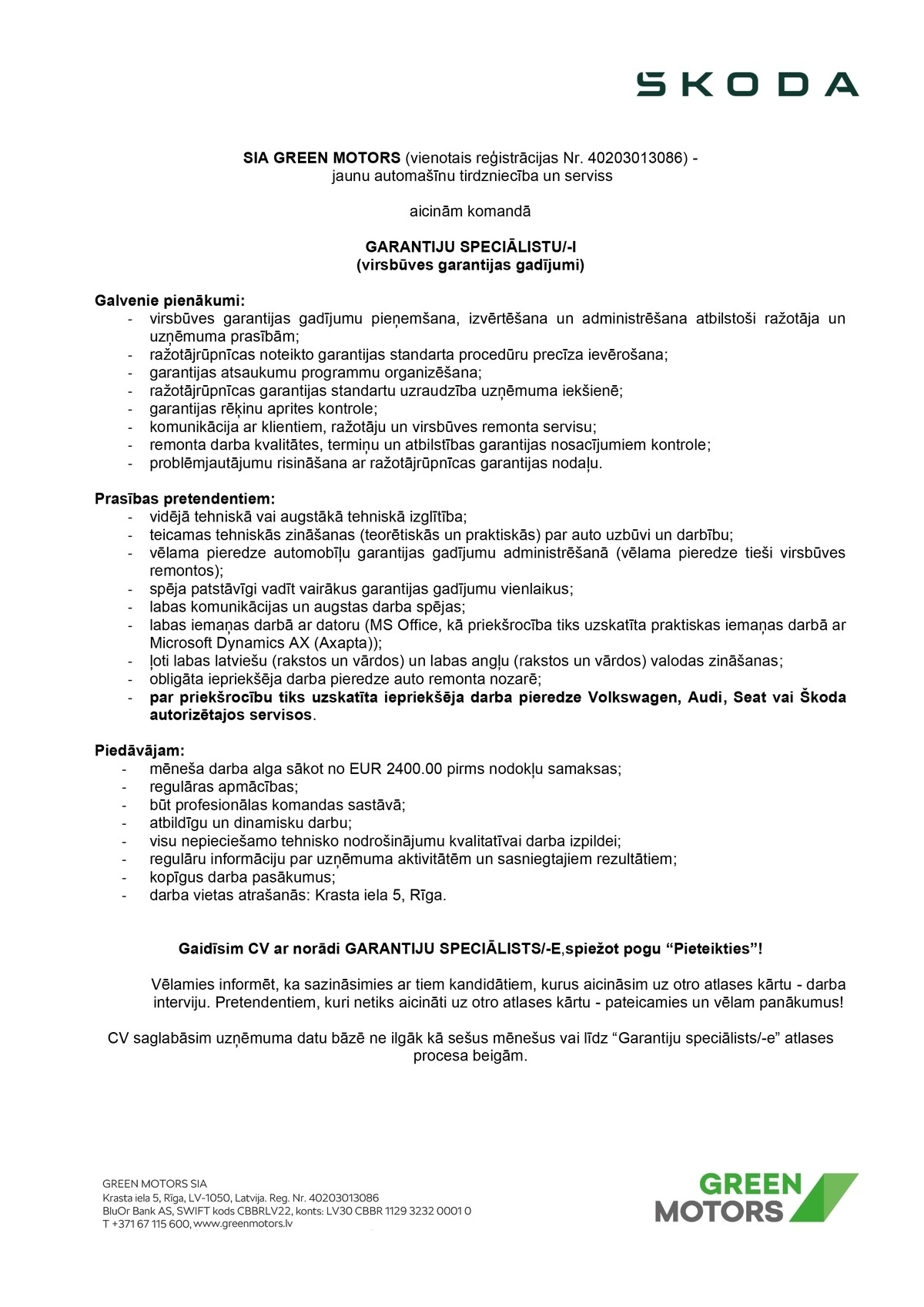 Green Motors, SIA Garantiju speciālists/-e