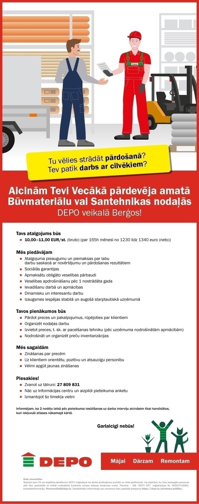 DEPO DIY, SIA Vecākais/-ā pārdevējs/-a būvmateriālu vai santehnikas nodaļās Berģos