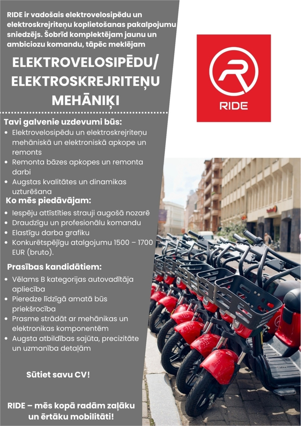 RIDE, SIA Elektrovelosipēdu/Elektroskrejriteņu mehāniķis/-e