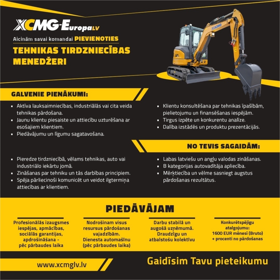 XCMG EUROPA LV, SIA Tehnikas tirdzniecības menedžeris/-e