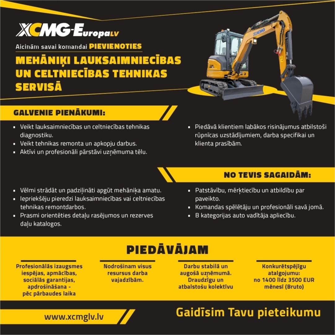 XCMG EUROPA LV, SIA Mehāniķis/-e lauksaimniecība un celtniecības tehnikas servisā