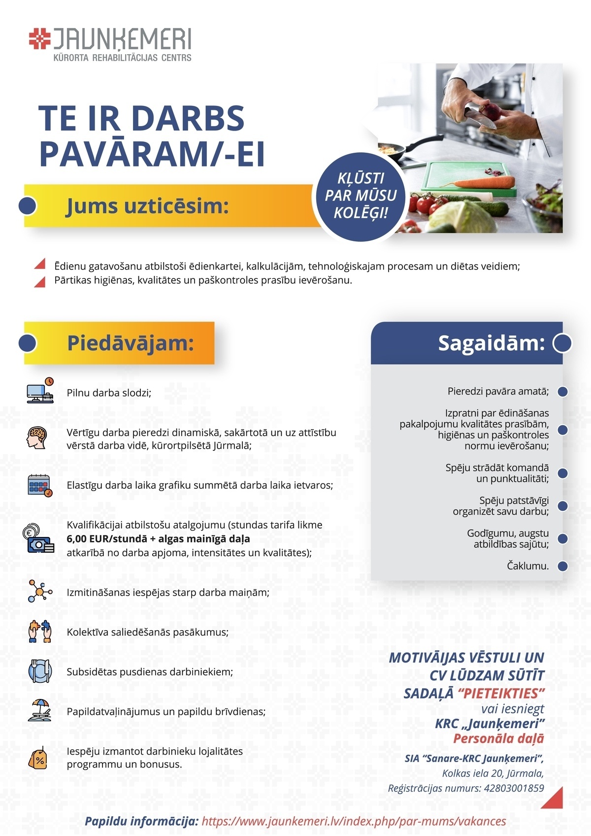 SANARE-KRC JAUNĶEMERI, SIA Pavārs/-e