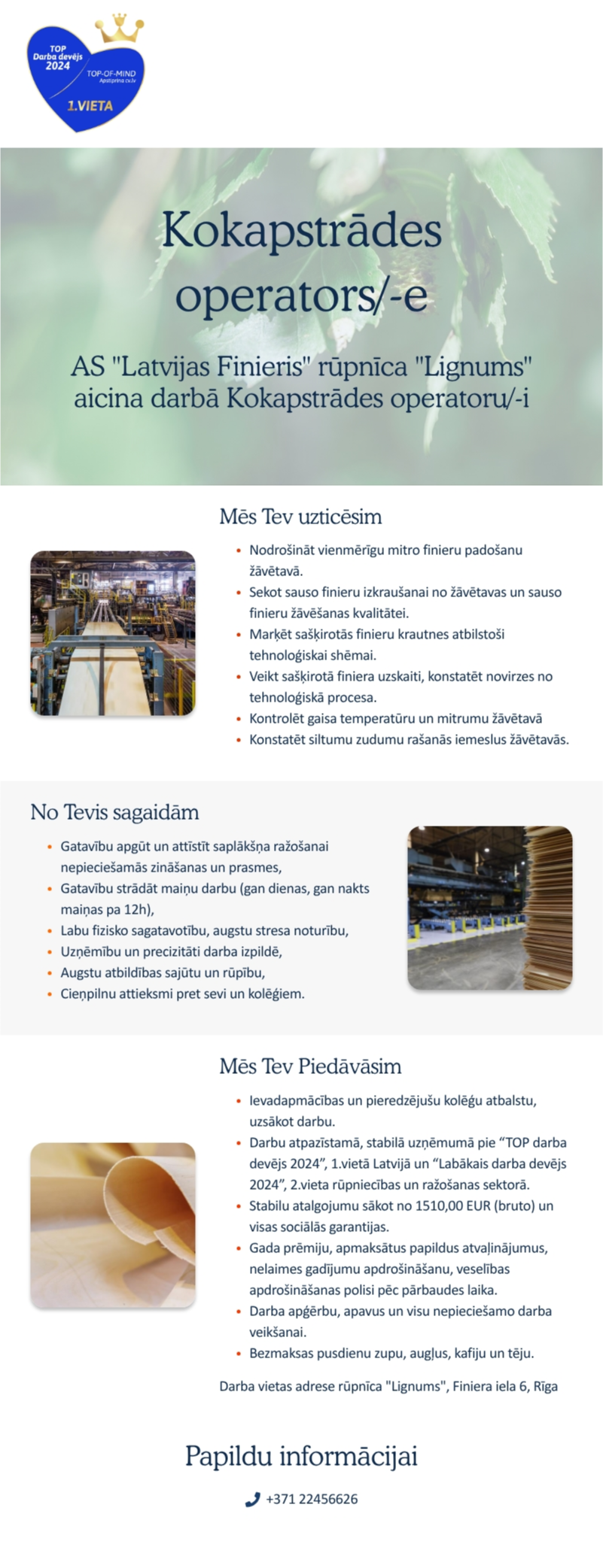 AS "Latvijas Finieris" Kokapstrādes operators/-e