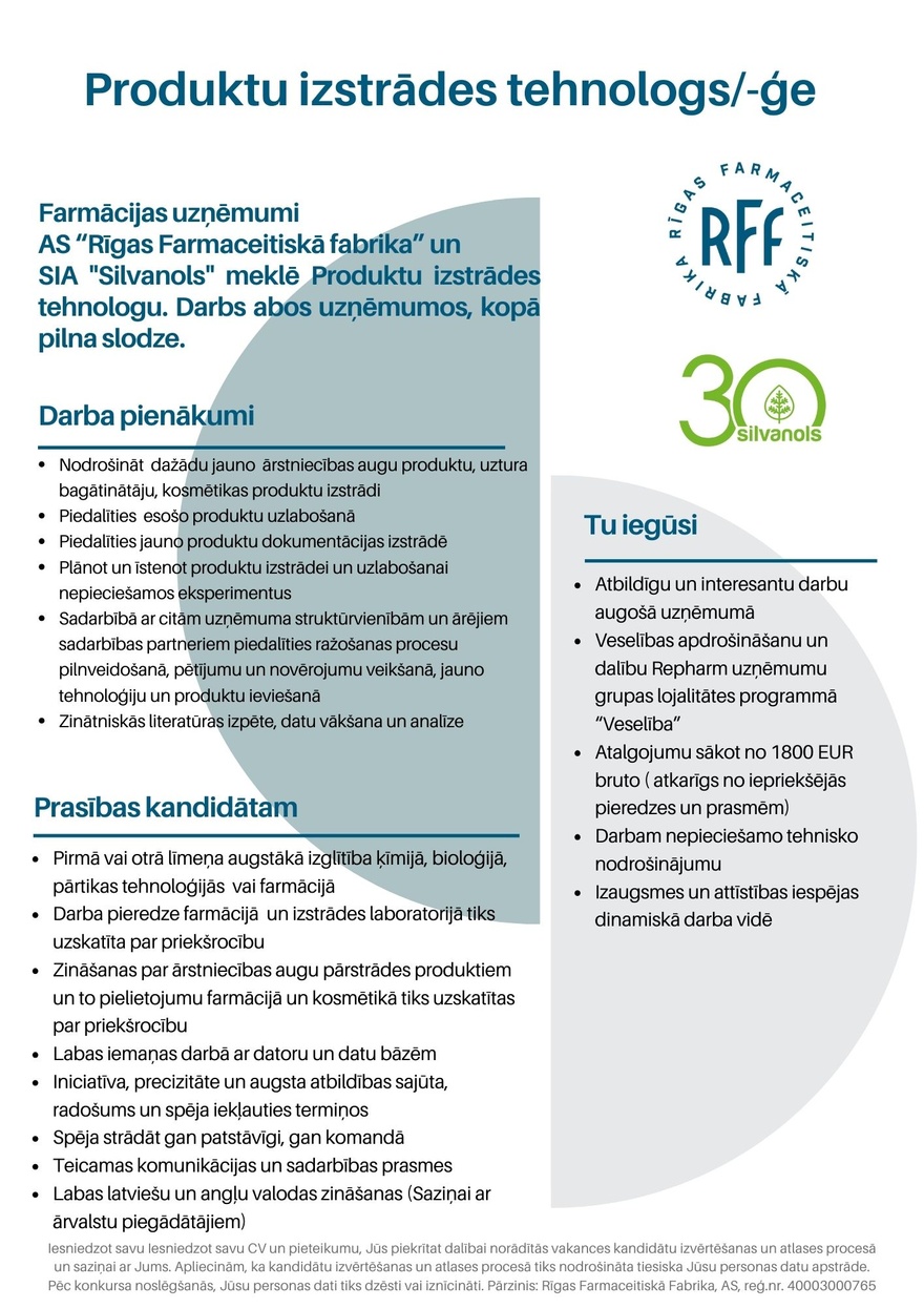 AS Rīgas Farmaceitiskā fabrika Produktu izstrādes speciālists/-e