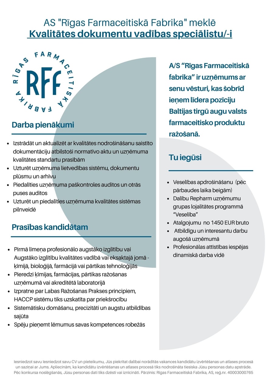 Rīgas farmaceitiskā fabrika Kvalitātes dokumentu vadības speciālists/-e