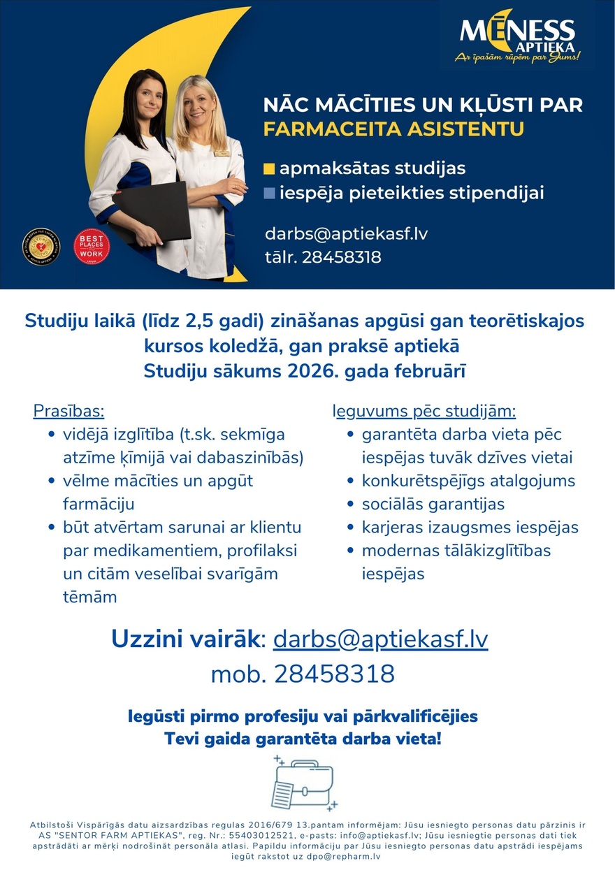 AS "Sentor Farm Aptiekas" Apmaksātas farmaceita asistenta studijas