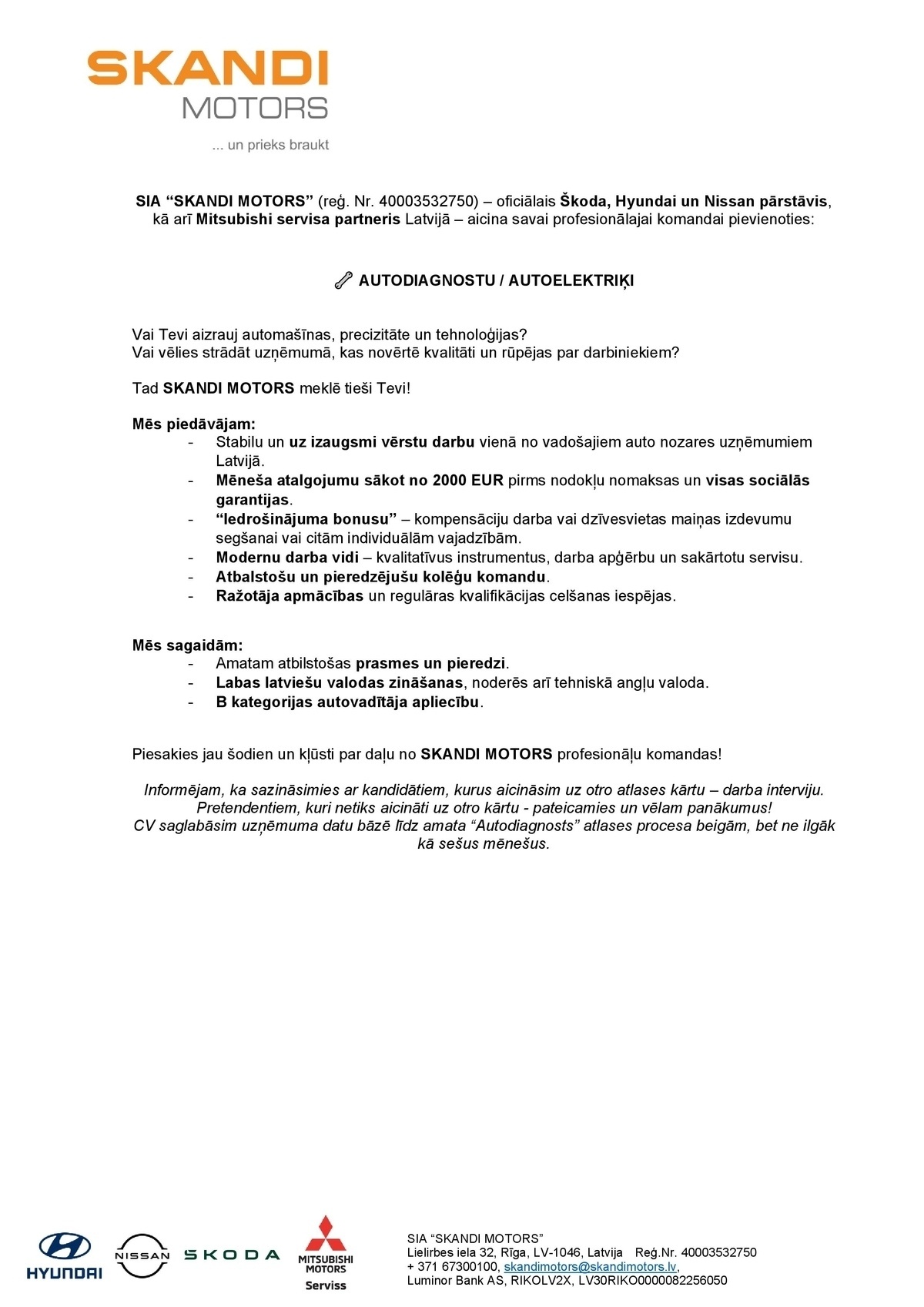 SKANDI MOTORS, SIA Autodiagnosts/-e / Autoelektriķis/-e