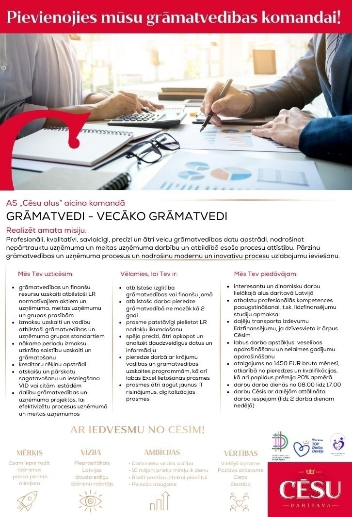 Cēsu alus, AS Grāmatvedis/-e - Vecākais/-ā grāmatvedis/-e