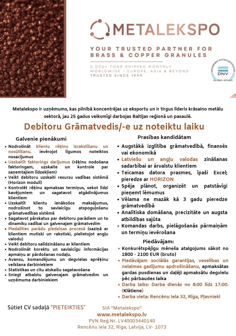 METALEKSPO, SIA Debitoru grāmatvedis/-e uz noteiktu laiku