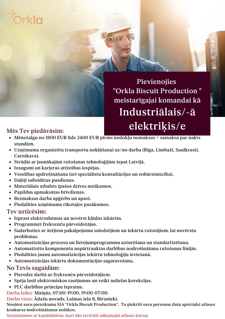 Orkla Latvija, SIA Industriālais/-ā elektriķis/-e