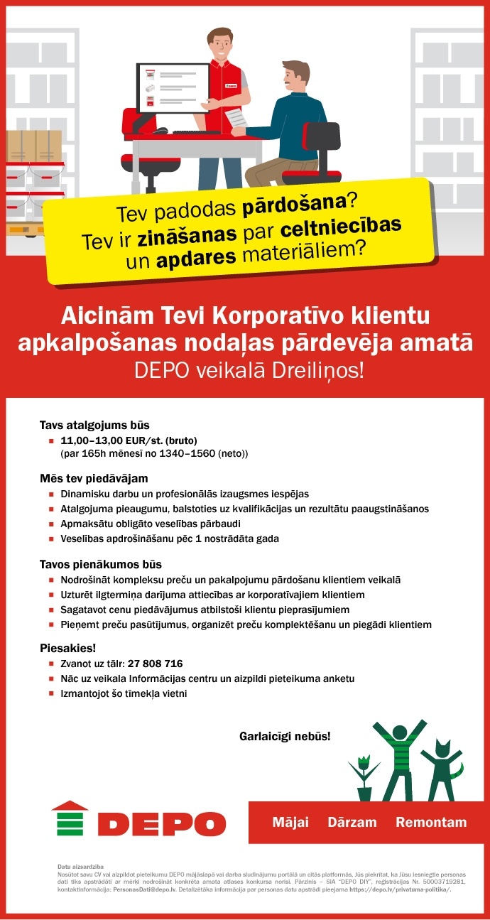DEPO DIY, SIA Korporatīvo klientu apkalpošanas nodaļas pārdevēja/-s Dreiliņos