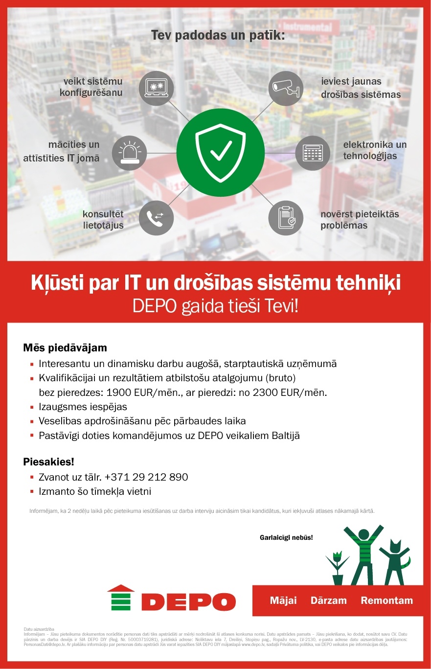 DEPO DIY, SIA IT un drošības sistēmu tehniķis/-e