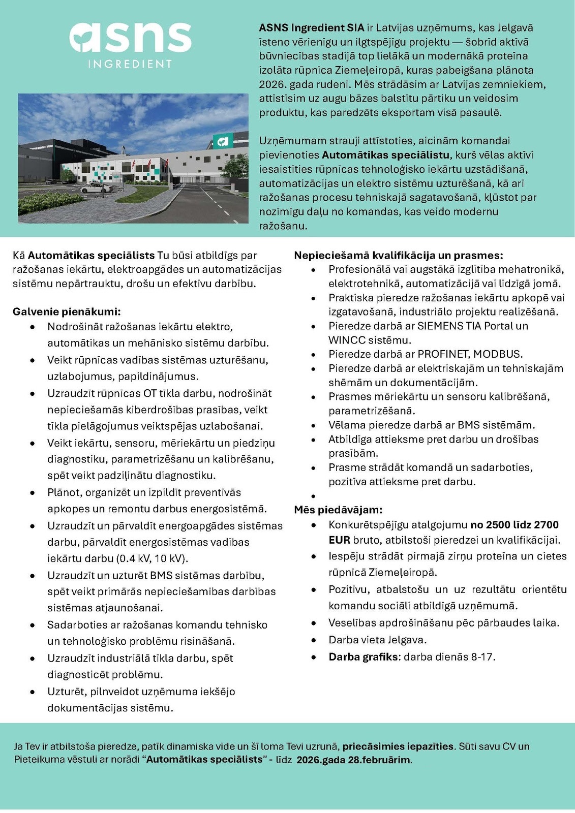 ASNS Ingredient, SIA Automātikas speciālists/-e