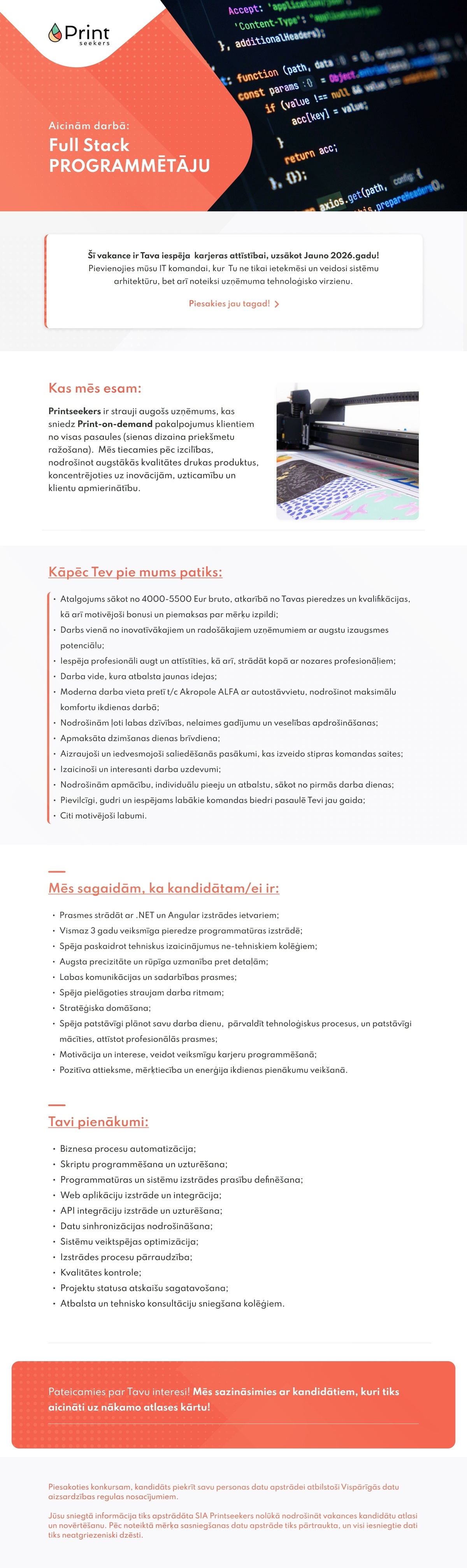Printseekers, SIA Full Stack Programmētājs/-a