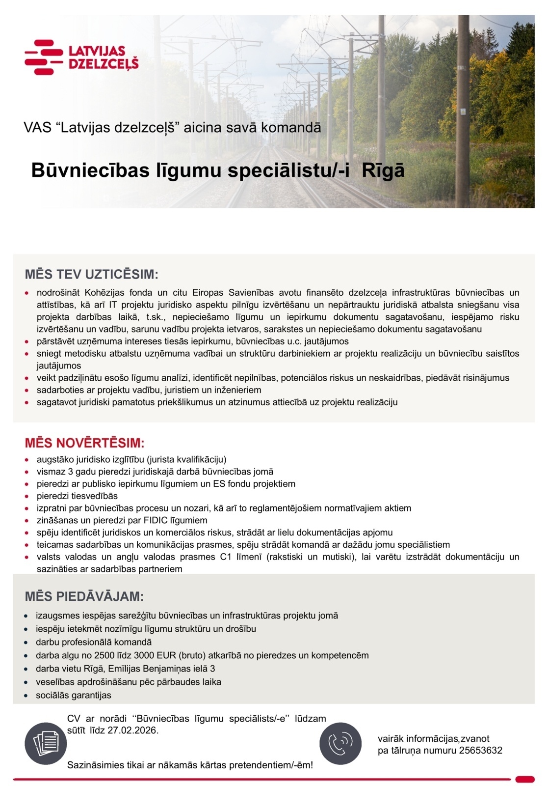 Latvijas dzelzceļš, VAS Būvniecības līgumu speciālists/-e
