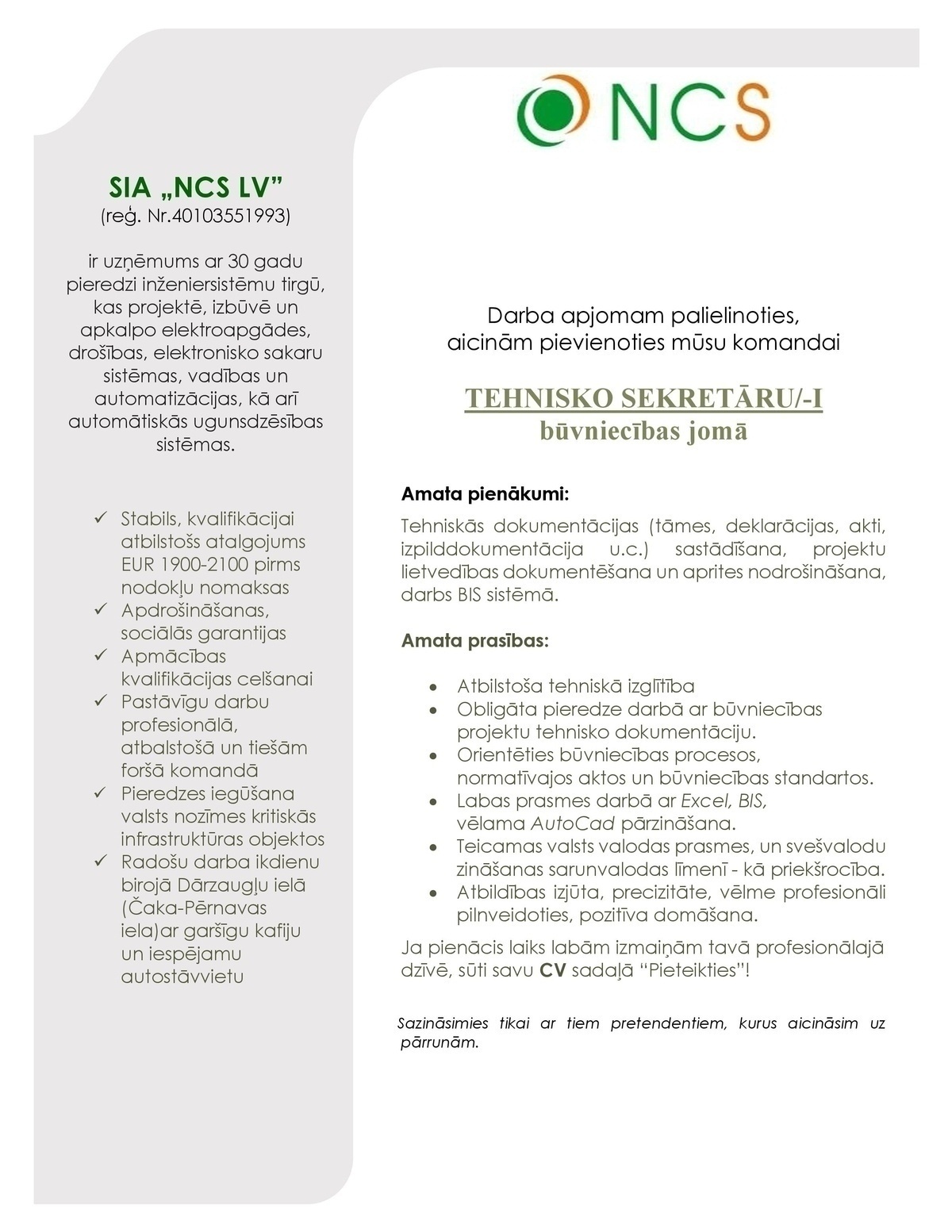 NCS LV, SIA Tehniskais/-ā sekretārs/-e būvniecības jomā