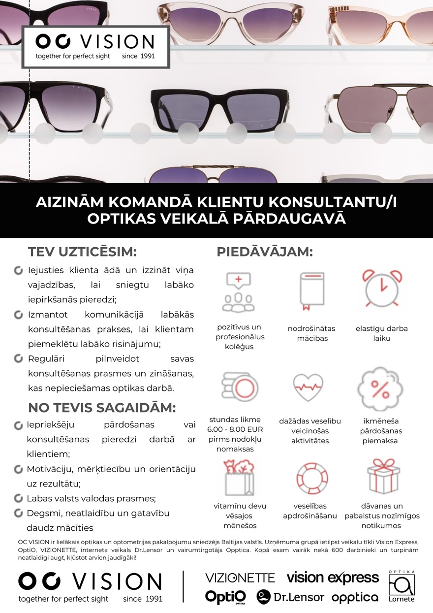 OC VISION Pārdevējs konsultants/e Pārdaugavā