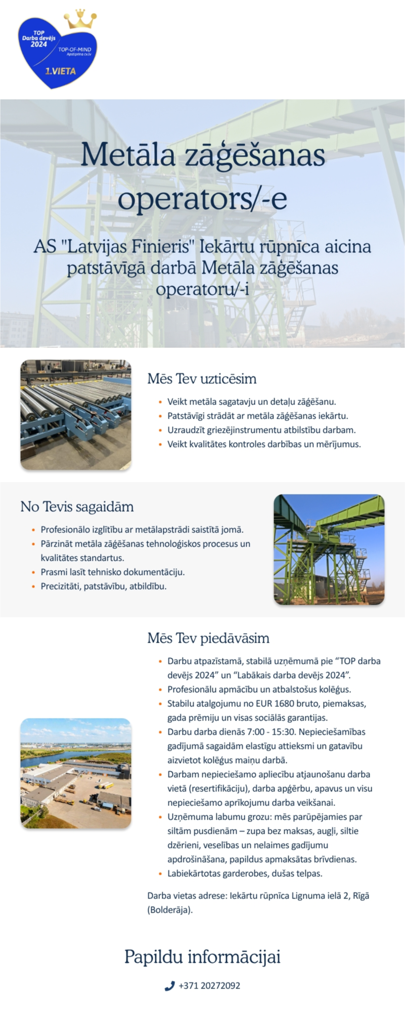 AS "Latvijas Finieris" Metāla zāģēšanas operators