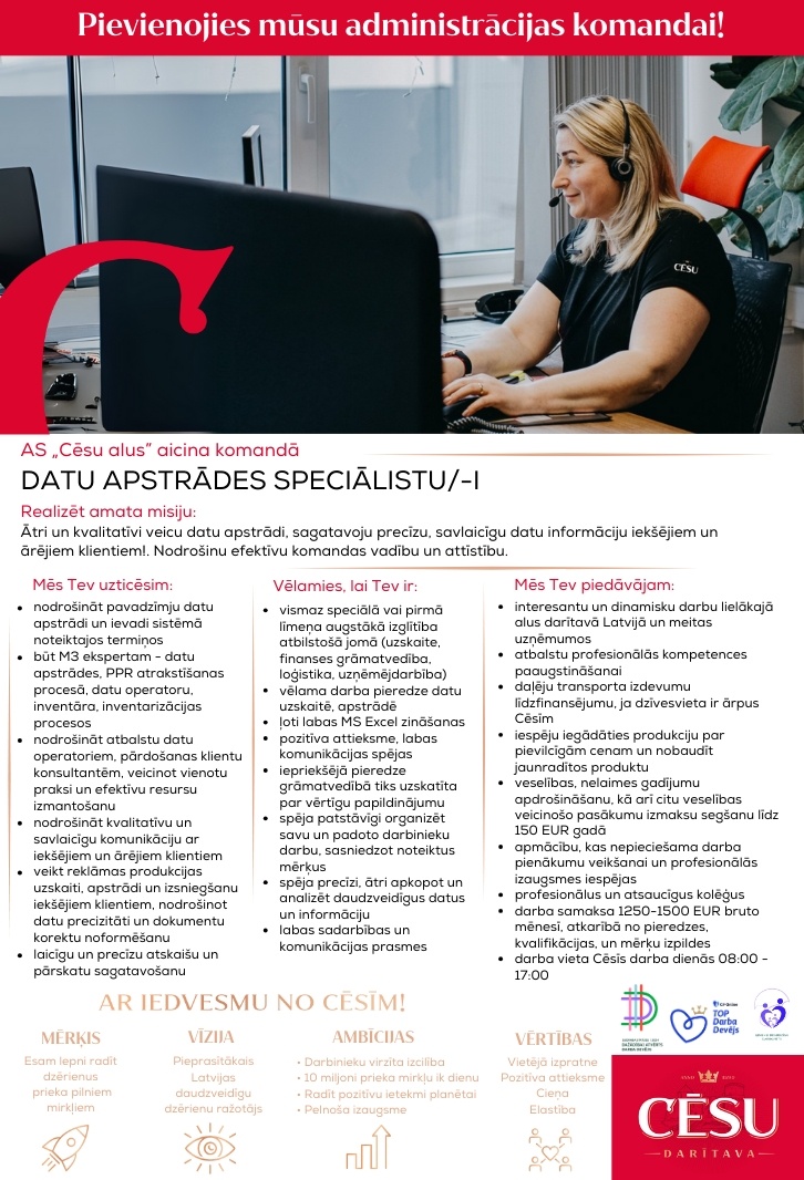Cēsu alus, AS Datu apstrādes speciālists/-e