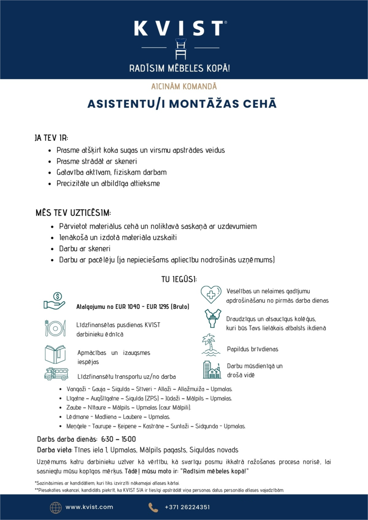 KVIST, SIA Asistents/-e montāžas cehā