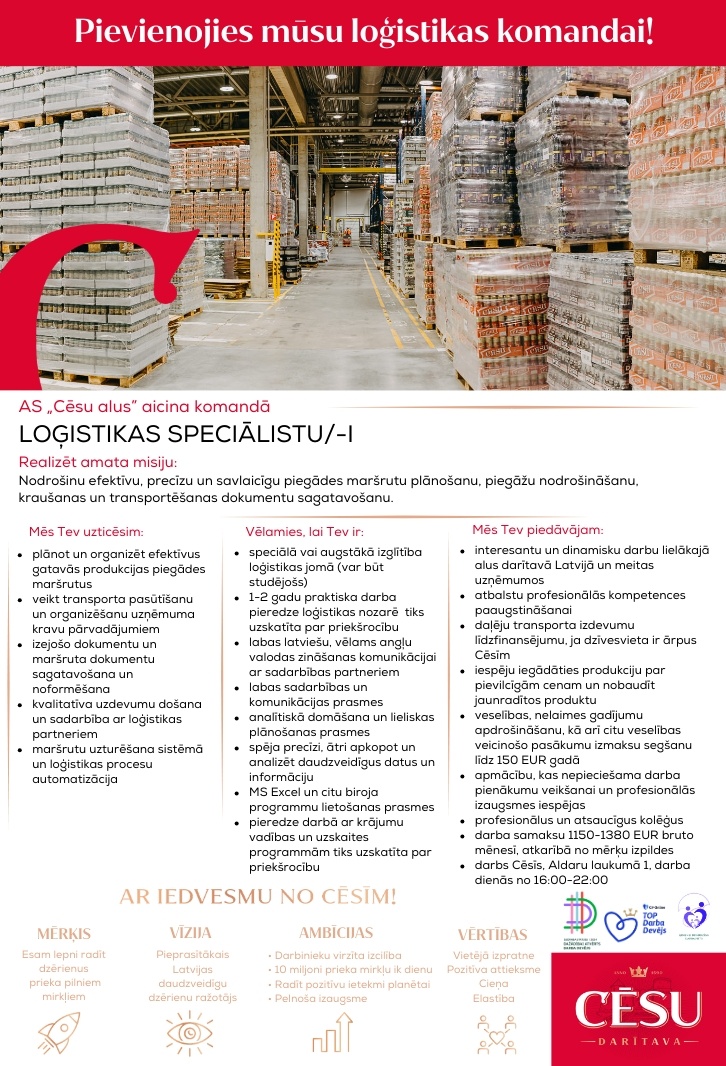 Cēsu alus, AS Loģistikas speciālists/-e