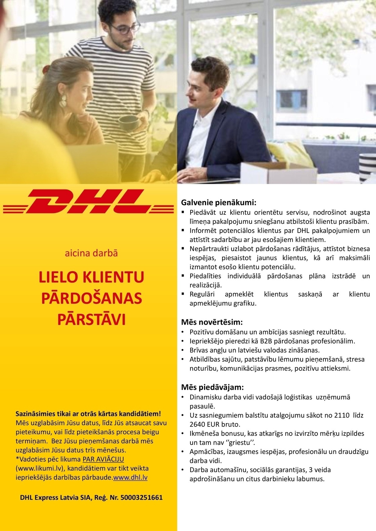 DHL Express Latvia, SIA Lielo klientu pārdošanas pārstāvis/-e