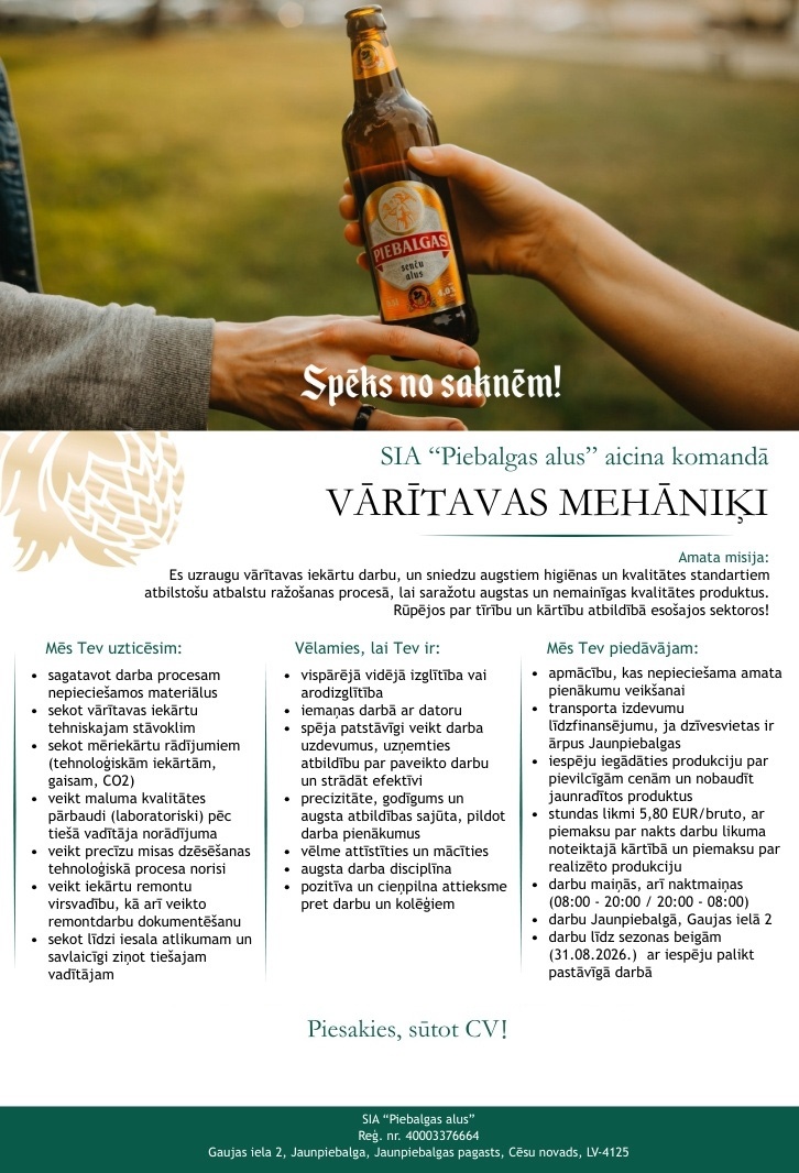 SIA Piebalgas alus Vārītavas mehāniķis/-e