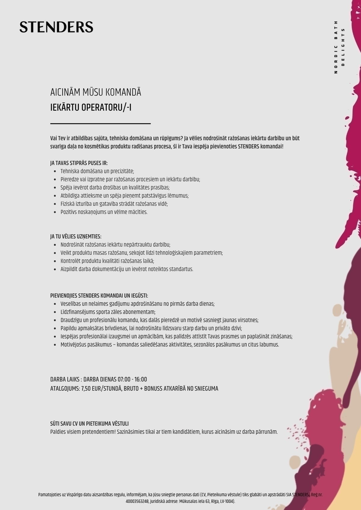 STENDERS, SIA Iekārtu operators/-e