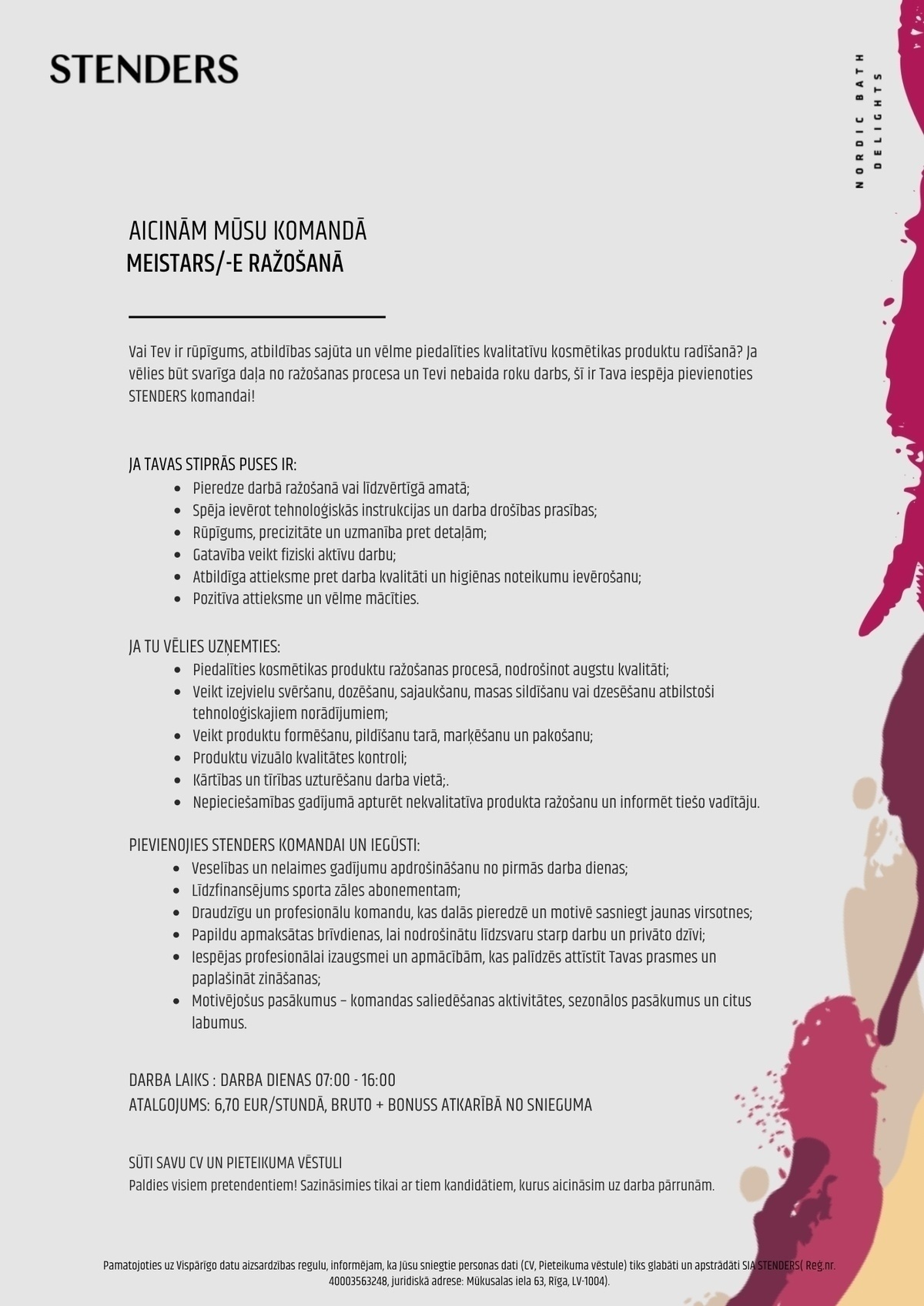 STENDERS, SIA Meistars/-e ražošanā