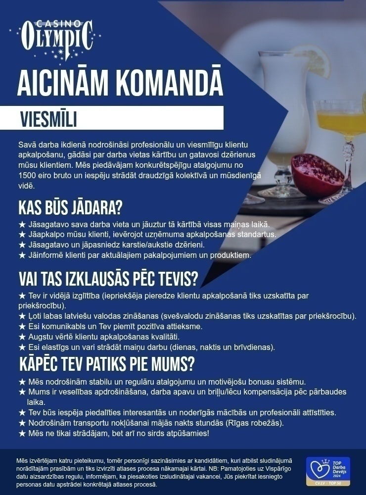 Olympic Casino Latvia, SIA Viesmīlis/-e "Olympic Voodoo Casino"