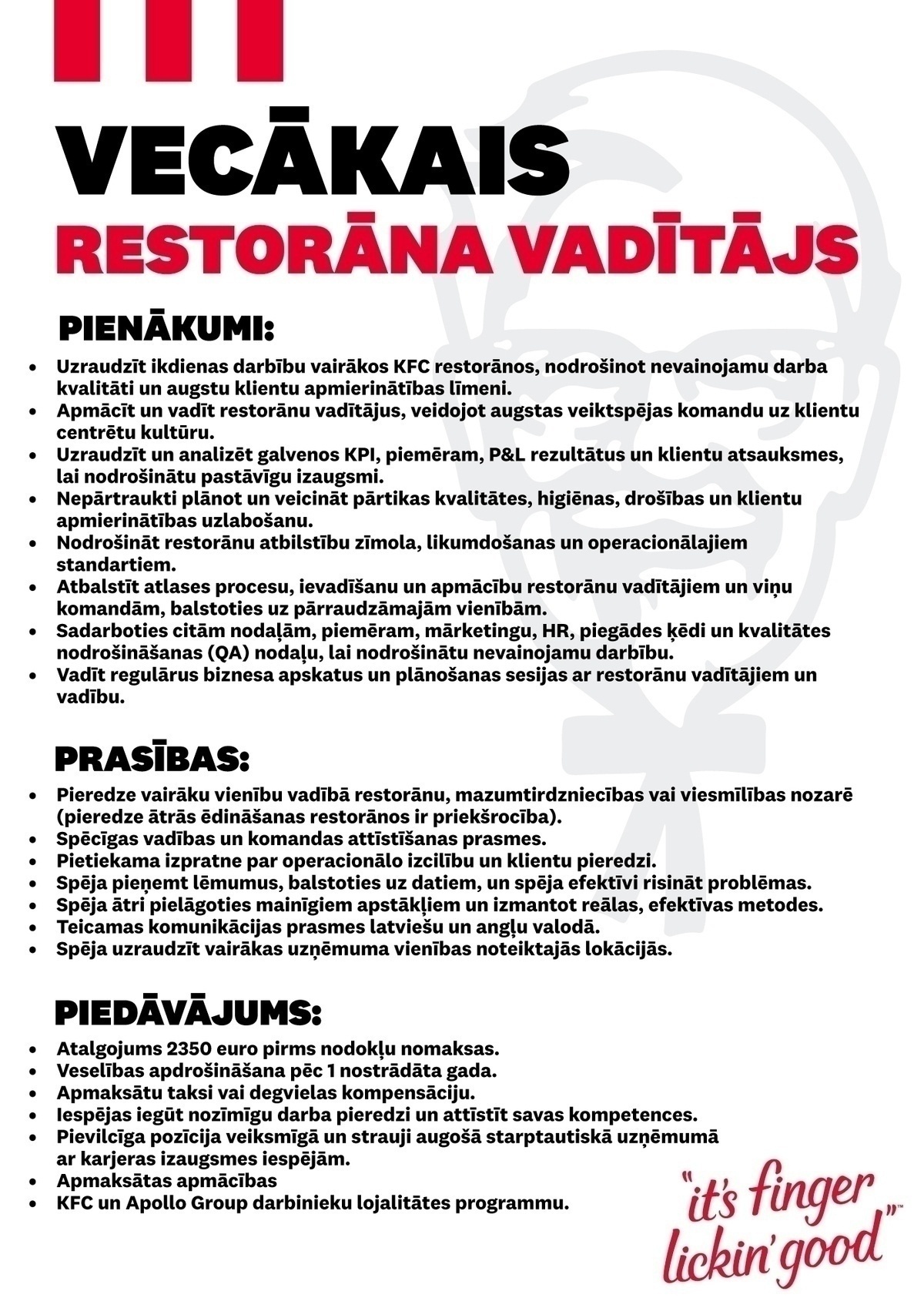 APL Fresh Food SIA "KFC" vecākais/-ā restorānu vadītājs/-a