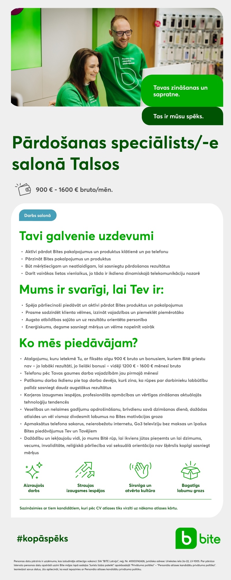 BITE Latvija, SIA Pārdošanas speciālists/-e salonā Talsos